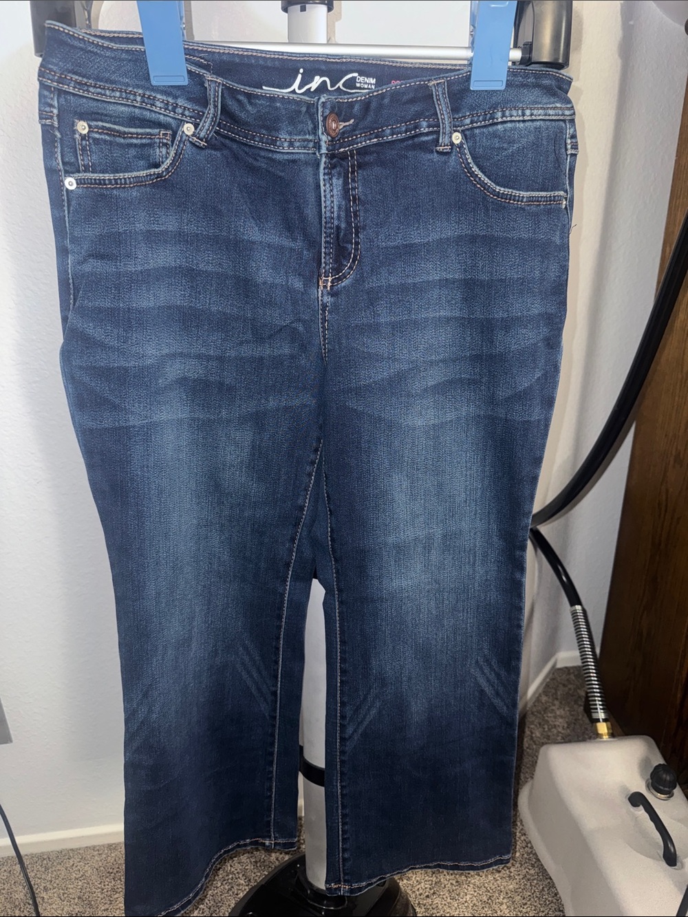 INC International Concepts Dark Blue Boot Leg Jeans with Pink Logo